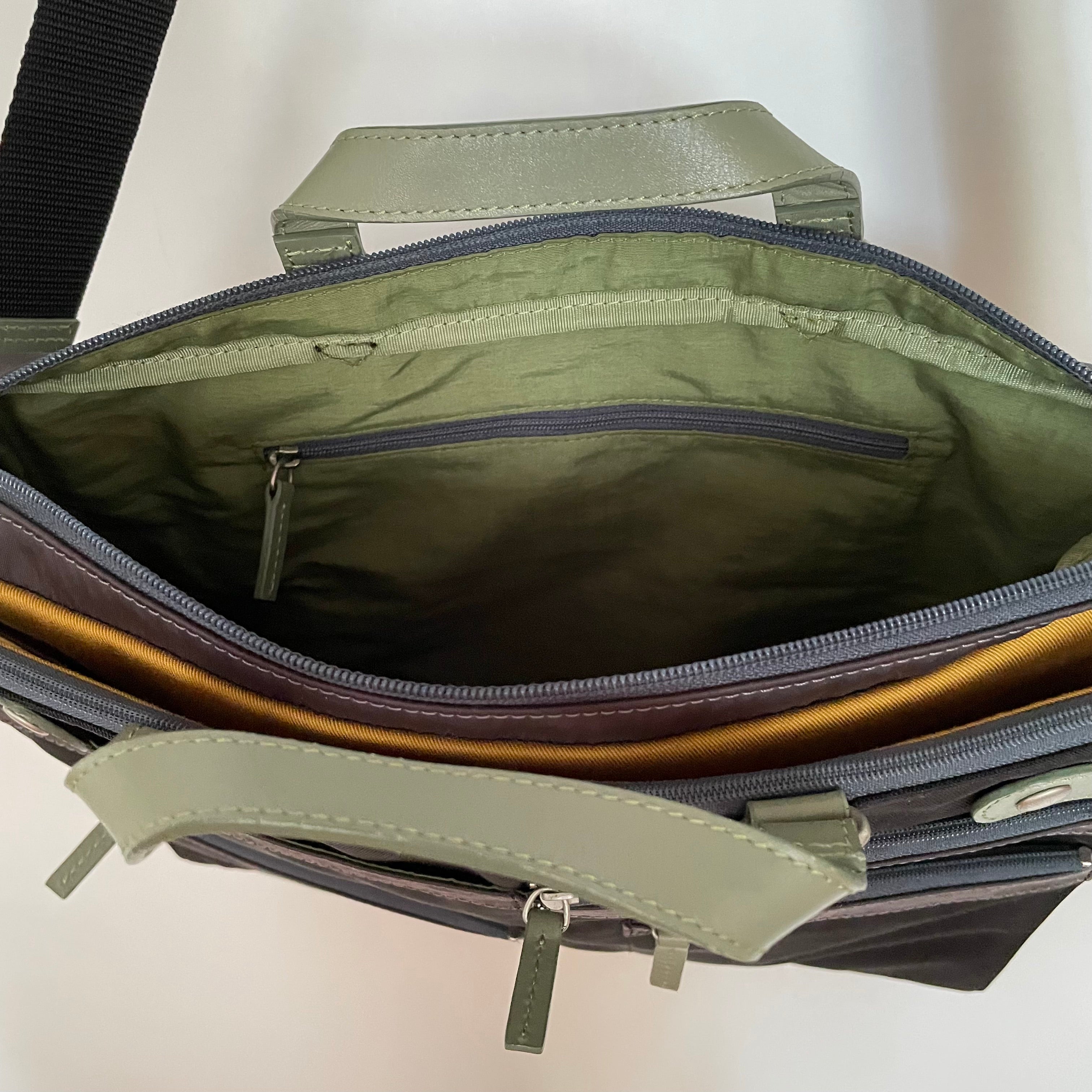 Premium Collection | Nylon x Leather Briefcase with Stripe Stitch Accents | Black x Sage
